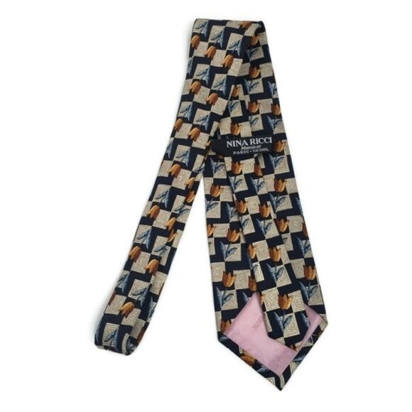Nina Ricci Paris Silk Tie With Geometric & Tulip Pattern In Navy & Gold Colors - Picture 4 of 6